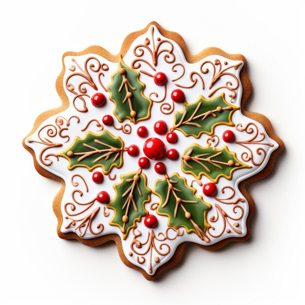 Decorated cookies with holly leaves and berries on a white surface generative ai