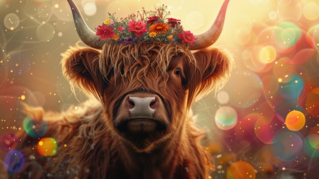 Decorated cow with floral crown and traditional markings