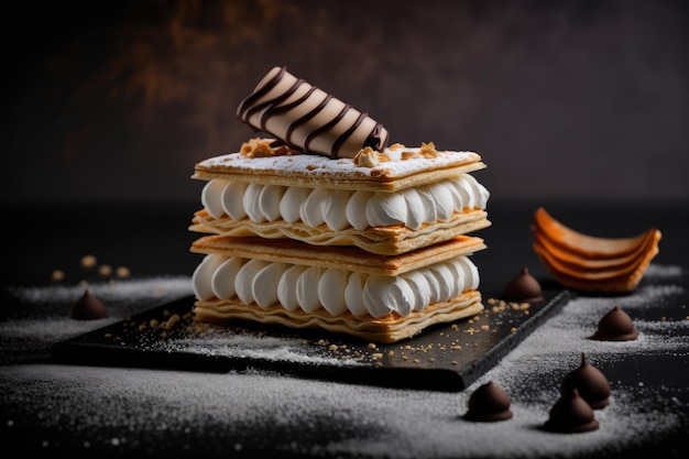 Decorated delicious cream dessert in form of napoleons on dark background