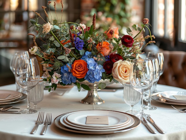 a decorated dining table with champagne glasses