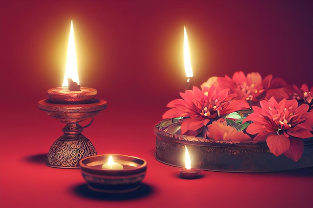 Decorated Diwali lights with colorful diya oil lamp and decorative flowers during diwali festival