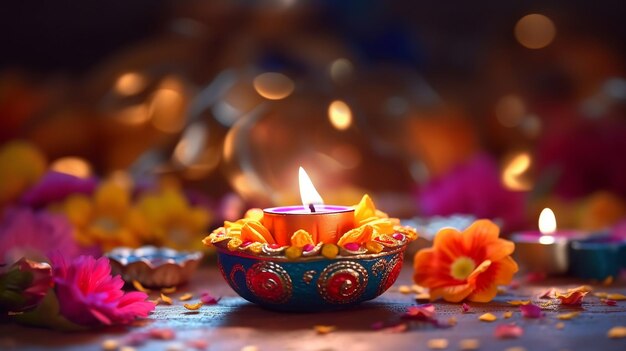 Decorated diwali lights with colorful diya oil lamp and decorative flowers generative ai