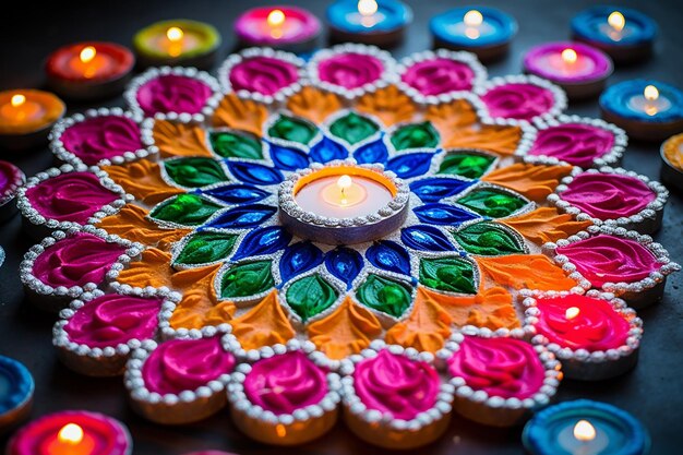 Decorated diyas on vibrant rangoli