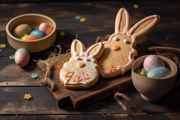 Decorated Easter cookies shaped like bunnies and eggs Generative AI