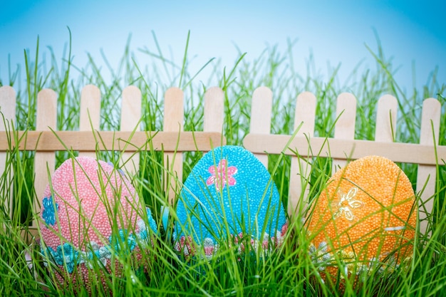 Decorated easter eggs in the grass on blue sky background