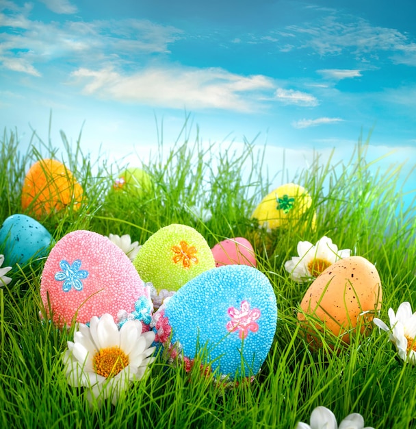 Decorated easter eggs in the grass on blue sky background