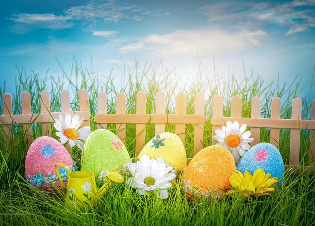 Decorated easter eggs in the grass on blue sky background