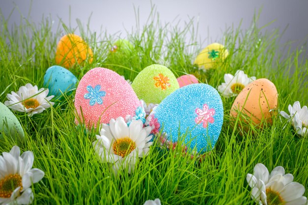 Decorated easter eggs in the grass