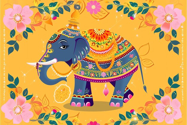 Photo decorated elephant with painted designs and floral garlands background