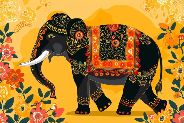 Photo decorated elephant with painted designs and floral garlands indian illustration background