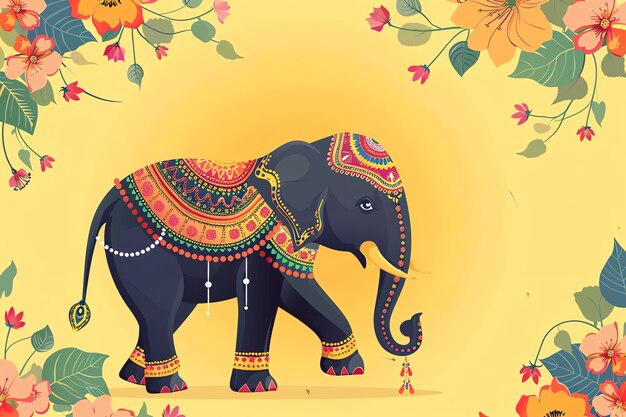 Photo decorated elephant with painted designs and floral garlands indian illustration background
