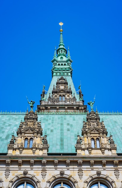 Decorated emerald colored roof and facade of the beautiful famous Rathaus Hamburg town hall in Altstadt quarter Hamburg Germany