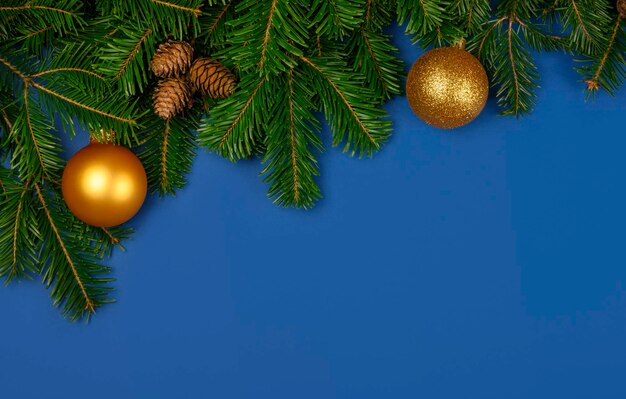 파란색 위에 신선한 크리스마스 트리 가지 장식