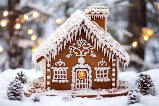 Decorated gingerbread house on a snowy landscape