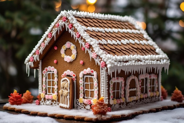 Decorated gingerbread house with snowcovered roof created with generative ai