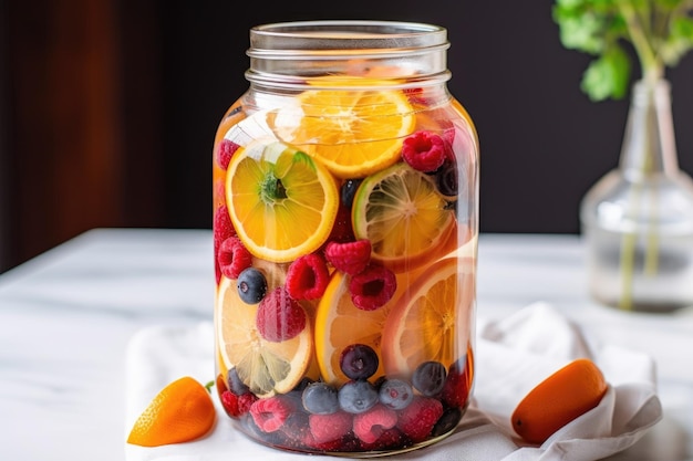 Decorated glass jar filled with fruitinfused water ready to be served created with generative ai