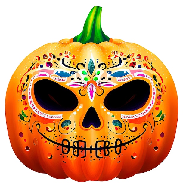 Decorated Halloween pumpkin in the style of Sugar skull isolated on white background AI generative