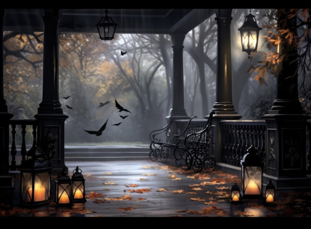 Foto portico spettrale di halloween decorato