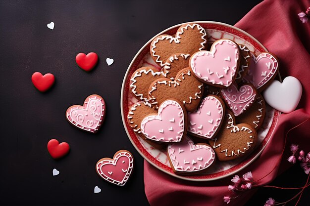 Decorated heart shaped cookies in plate Valentine's day