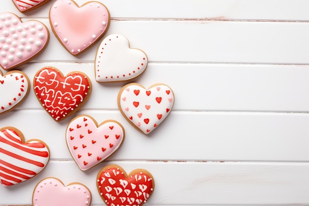 Decorated heart shaped cookies on wooden table Valentine's day