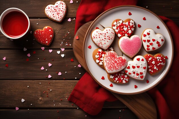 Decorated heart shaped cookies on wooden table Valentine's day