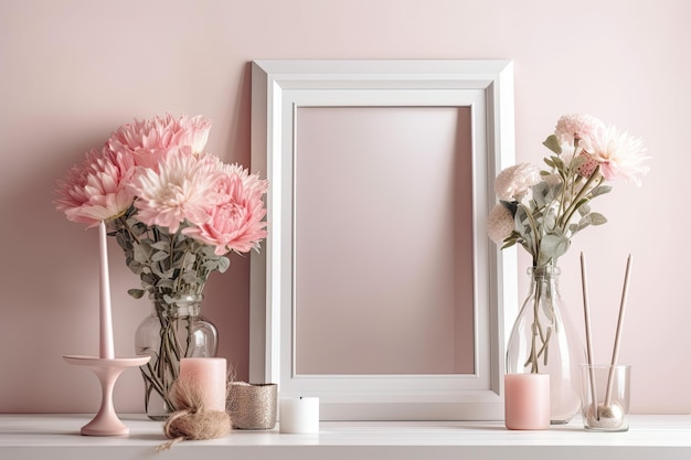 Decorated interior of a home Pink frame vase of flowers and other interior accents