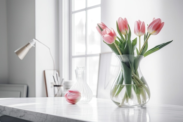 Украшенный интерьер дома ваза с розовыми тюльпанами на белом фоне