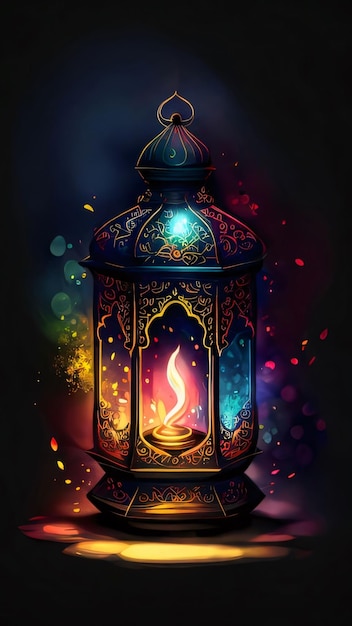 カラフルな背景で燃えているカラフルなガラスで装飾されたランタン イスラム教徒のためのラマダンのシンボルとしてランタン