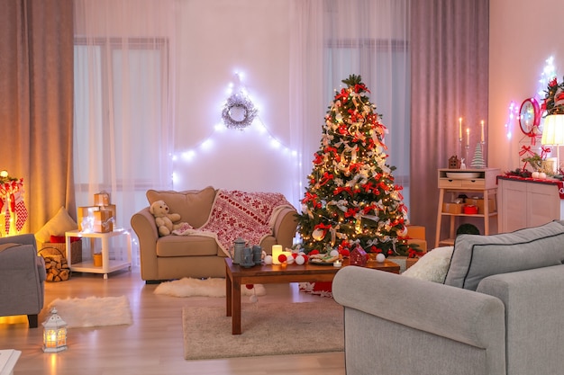 Decorated living room with beautiful Christmas tree