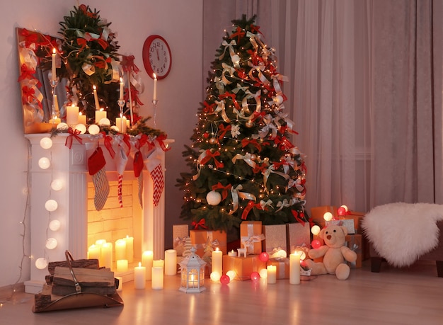 Decorated living room with beautiful Christmas tree