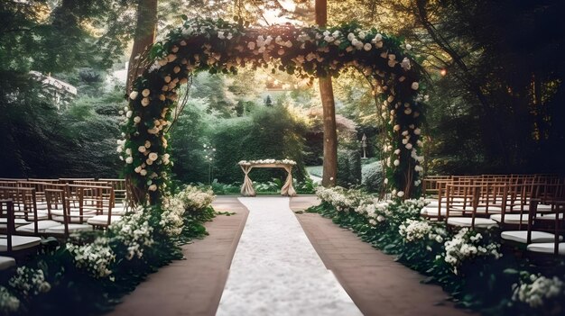 Decorated luxury wedding ceremony outdoor white empty chairs and arch decorated with flowers