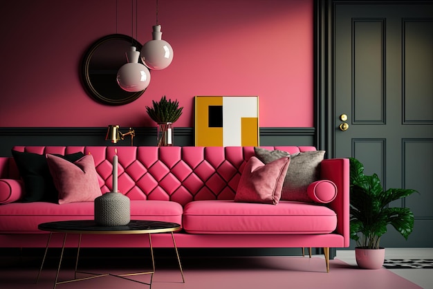현대적인 스타일로 장식된 이 거실은 짙은 분홍색 소파와 그에 어울리는 벽을 갖추고 있습니다.
