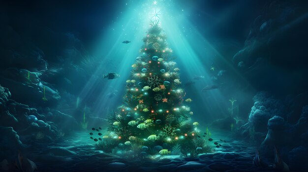 Decorated New Year's tree underwater Christmas concept Happy New year card