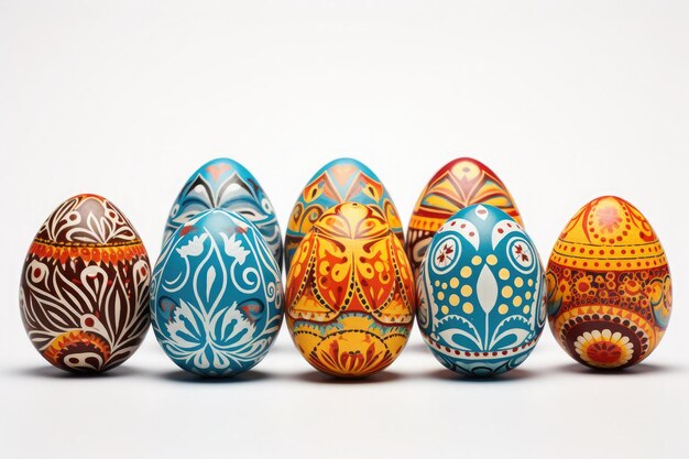 Decorated painted Easter eggs closeup on a white background