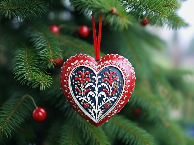 Photo decorated red heart on the christmas tree new year concept