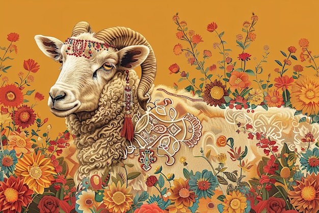 Decorated sheep amidst a floral background festive