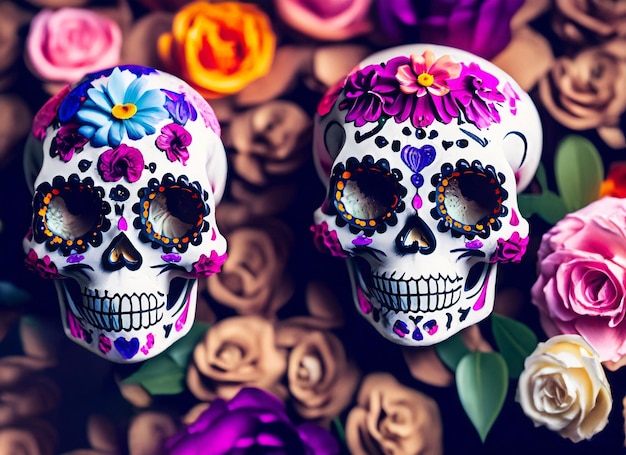 Decorated skull with flowers in the background day of the dead