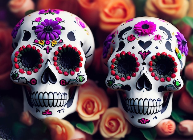 Decorated skull with flowers in the background day of the dead