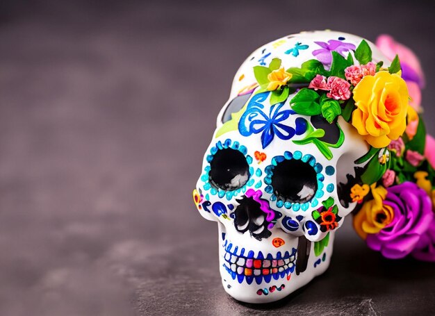Украшенный цветами череп День мертвых Изображение в Мехико