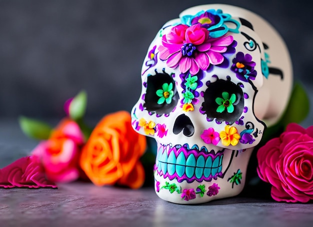 Decorated skull with flowers A Day of the Dead Image in Mexico City