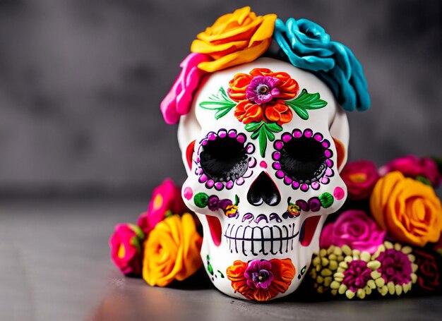 Decorated skull with flowers A Day of the Dead Image in Mexico City