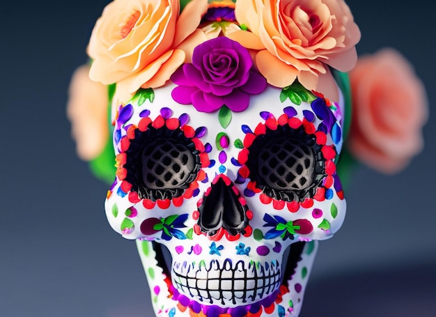 멕시코시티의 죽은 자의 이미지를 꽃으로 장식한 해골