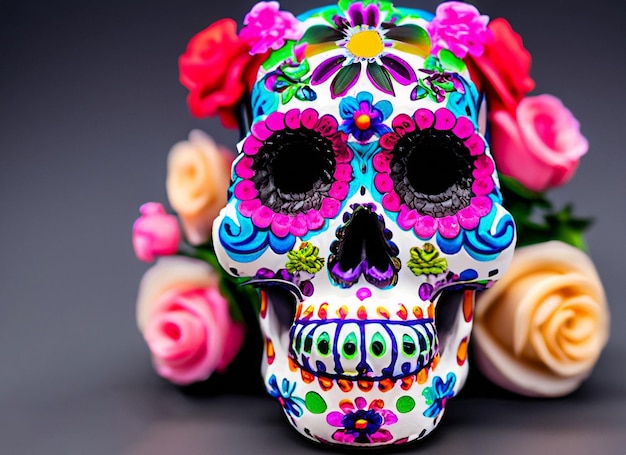 Decorated skull with flowers A Day of the Dead Image in Mexico City