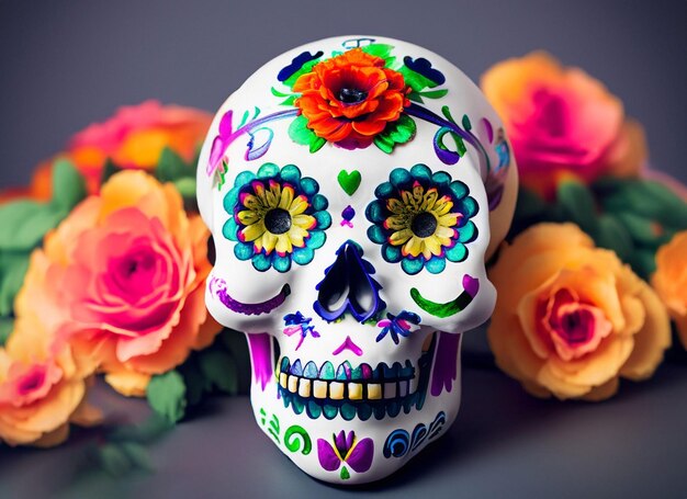 Decorated skull with flowers A Day of the Dead Image in Mexico City