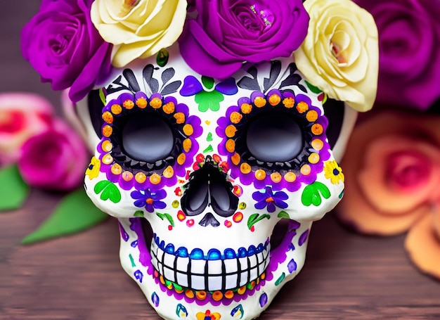 Decorated skull with flowers A Day of the Dead Image in Mexico City