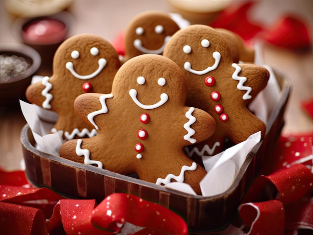 Photo decorated smiling gingerbread men cookies nestled in a bowl generative ai