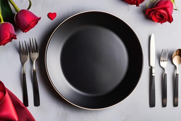 Decorated table setting for Valentines Day with plate fork knife and flowers Flat lay top view