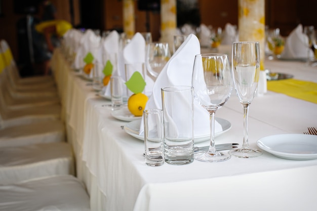 Decorated table at a wedding in the restaurant