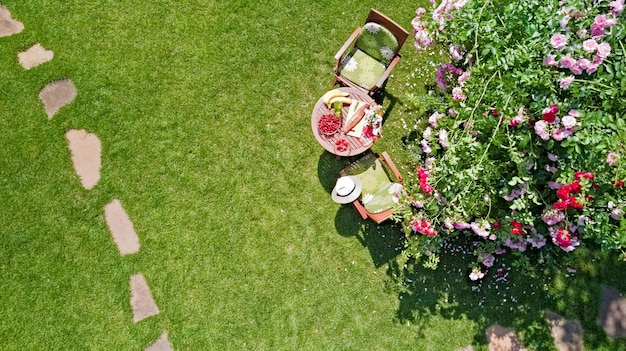 Decorated table with bread strawberry and fruits in beautiful summer rose garden aerial drone view