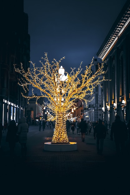 Decorated tree on Old Arbat, Christmas decoration in center of Moscow